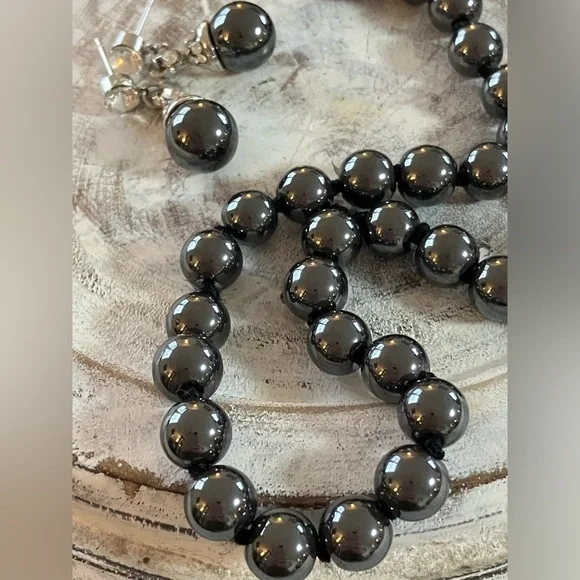 Hematite Round Beaded Necklace with Matching Drop Beaded Earrings Set - Picture 11 of 17